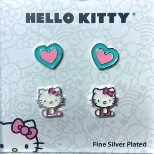 Hello Kitty & Hearts Earring Set (2 Pairs) Sanrio Brass & Fine Silver Plated NEW